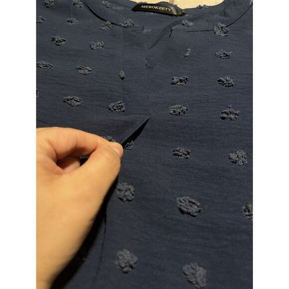 Merokeety Womens Blouse Navy Swiss Pom Pom Dot Short Sleeve Tunic Top Size L - Picture 8 of 13